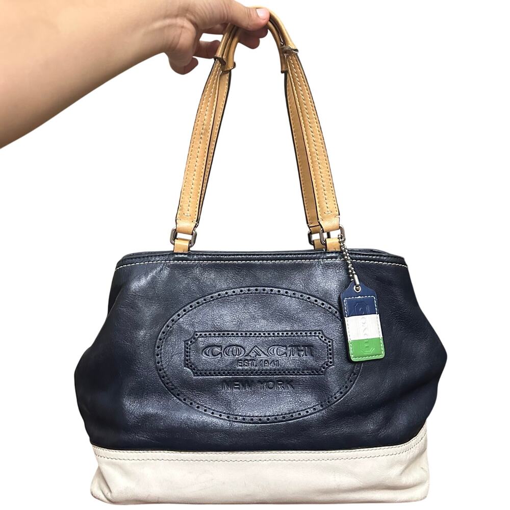 Coach New York Leather Womens Purse Handbag Blue White Satchel Handle Bag - Picture 2 of 16